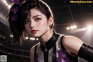 A woman in a purple and black outfit standing in front of a crowd.